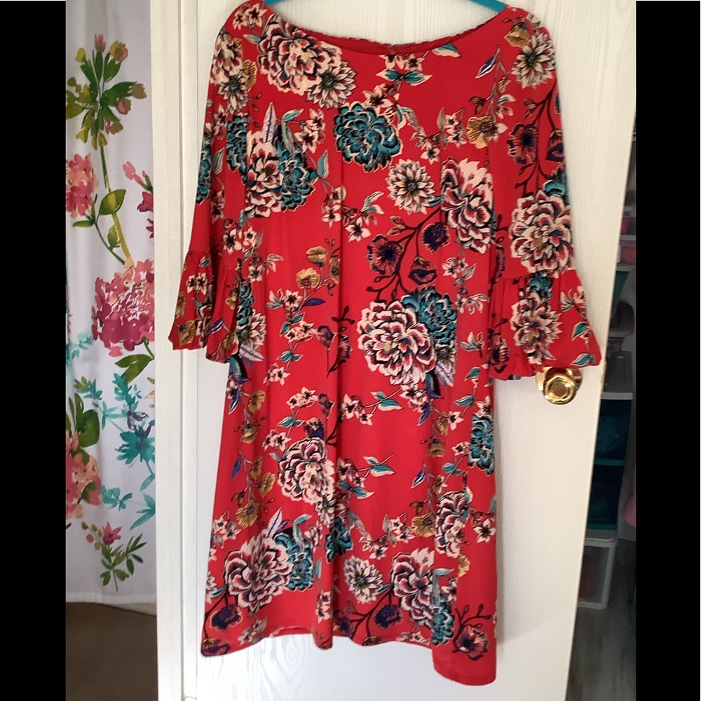 J Howard dress red blue gold floral size 16 detailed sleeves zipper back 🌹